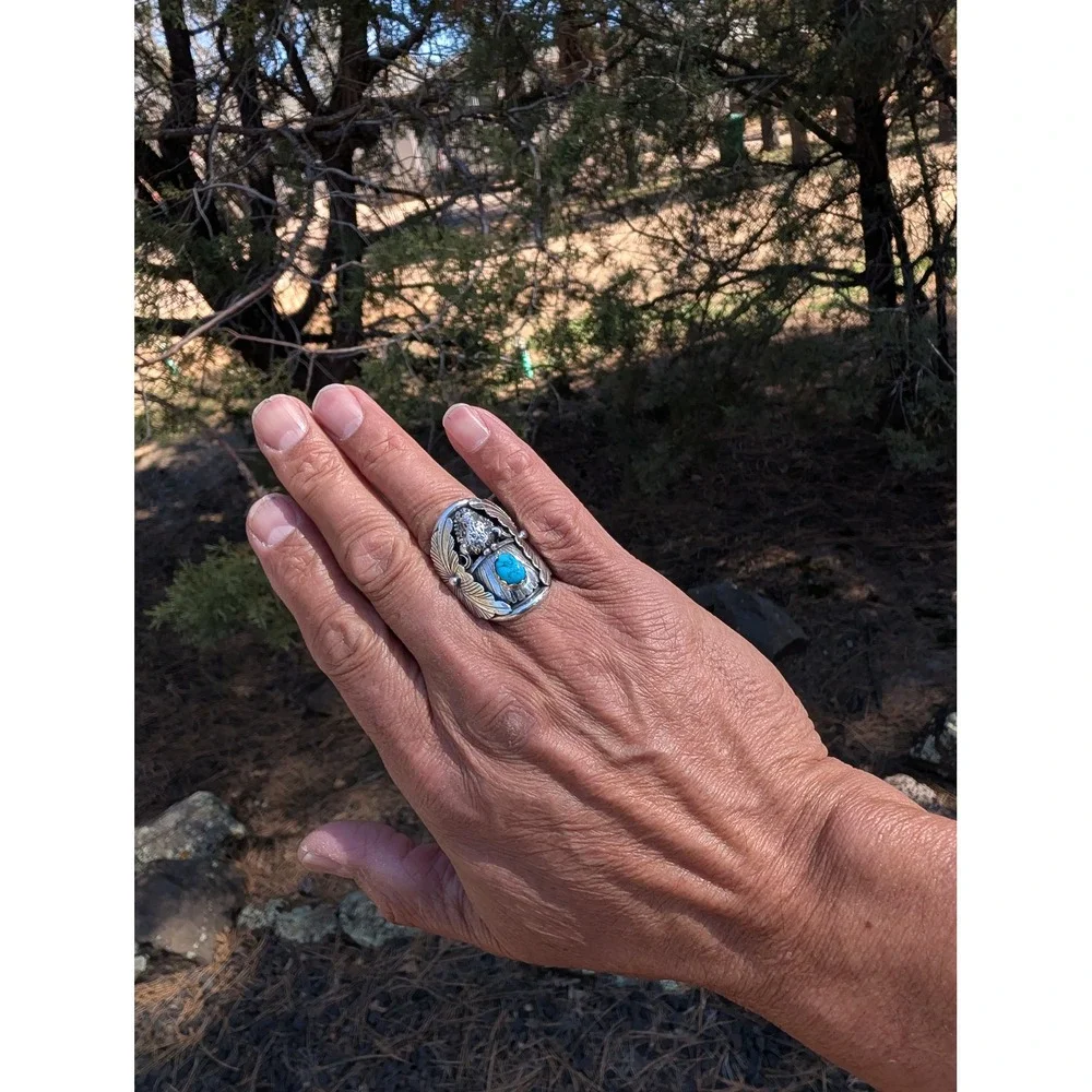 Navajo Men's Buffalo Ring Sterling Silver Turquoise‎ Signed Junior Begay 12**